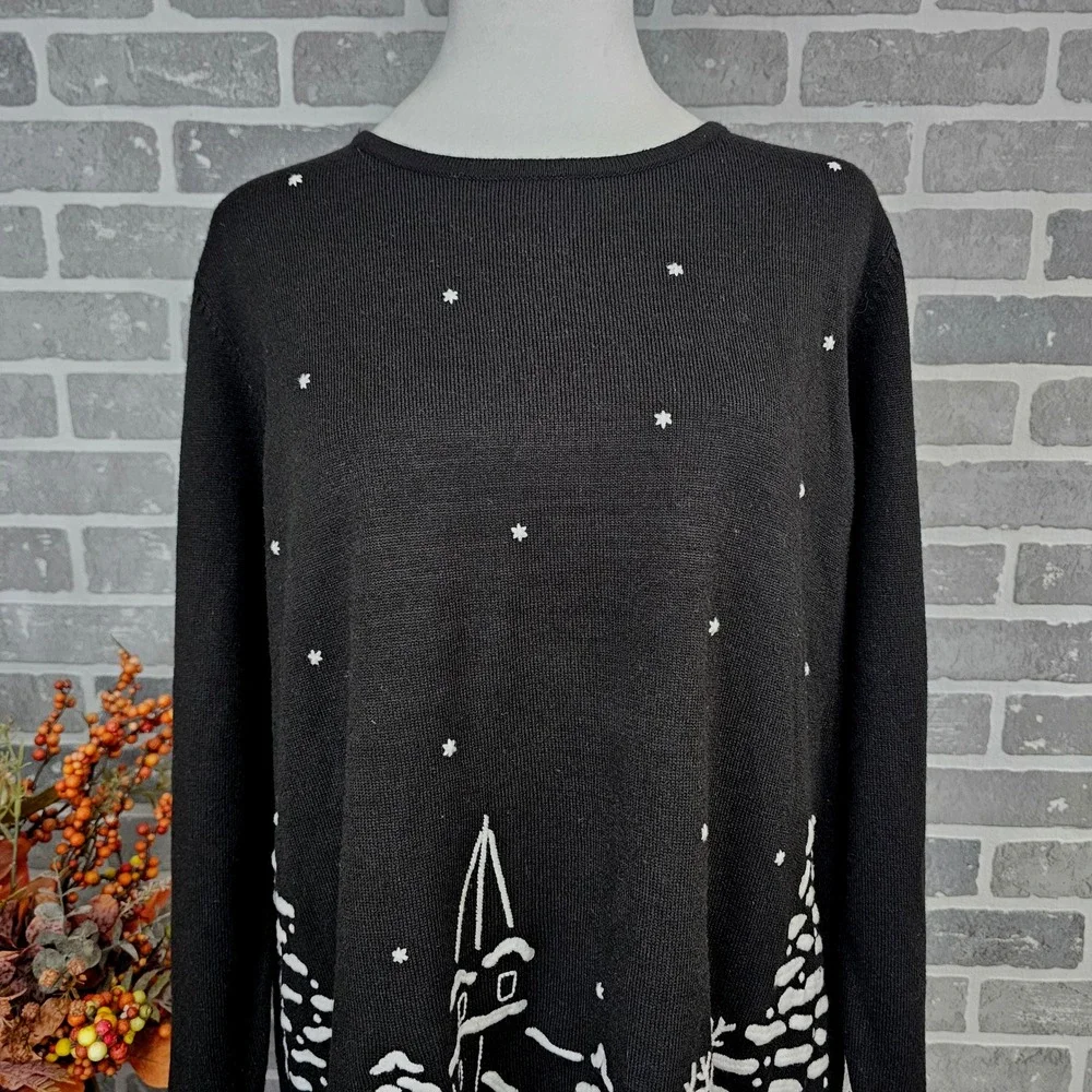C.J. Banks 1X Black Winter Village Sweater White Knit‎ Scene Acrylic Pullover